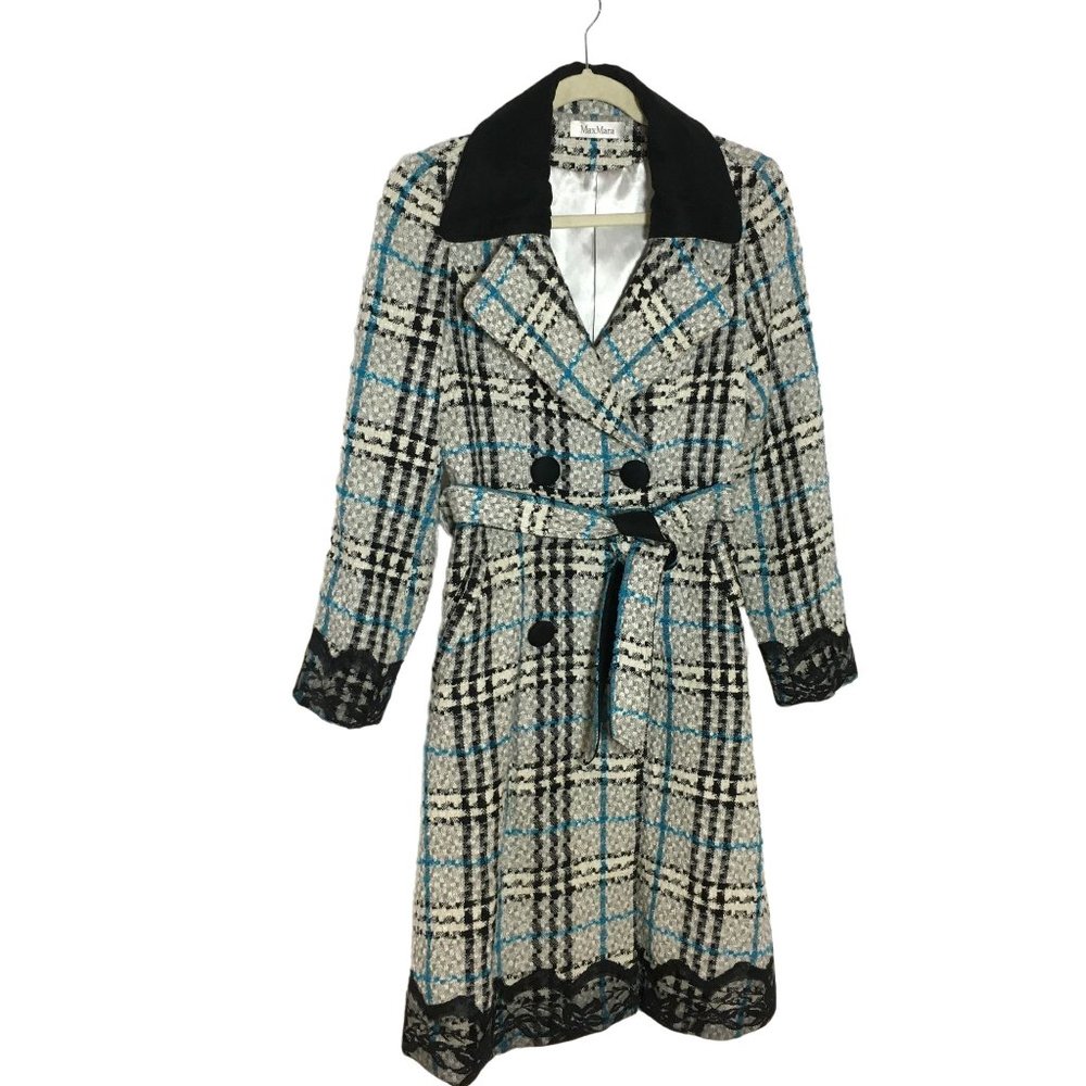 MaxMara 4 Plaid Coat Wool Cotton Textured Tweed Black Lace Velvet Details